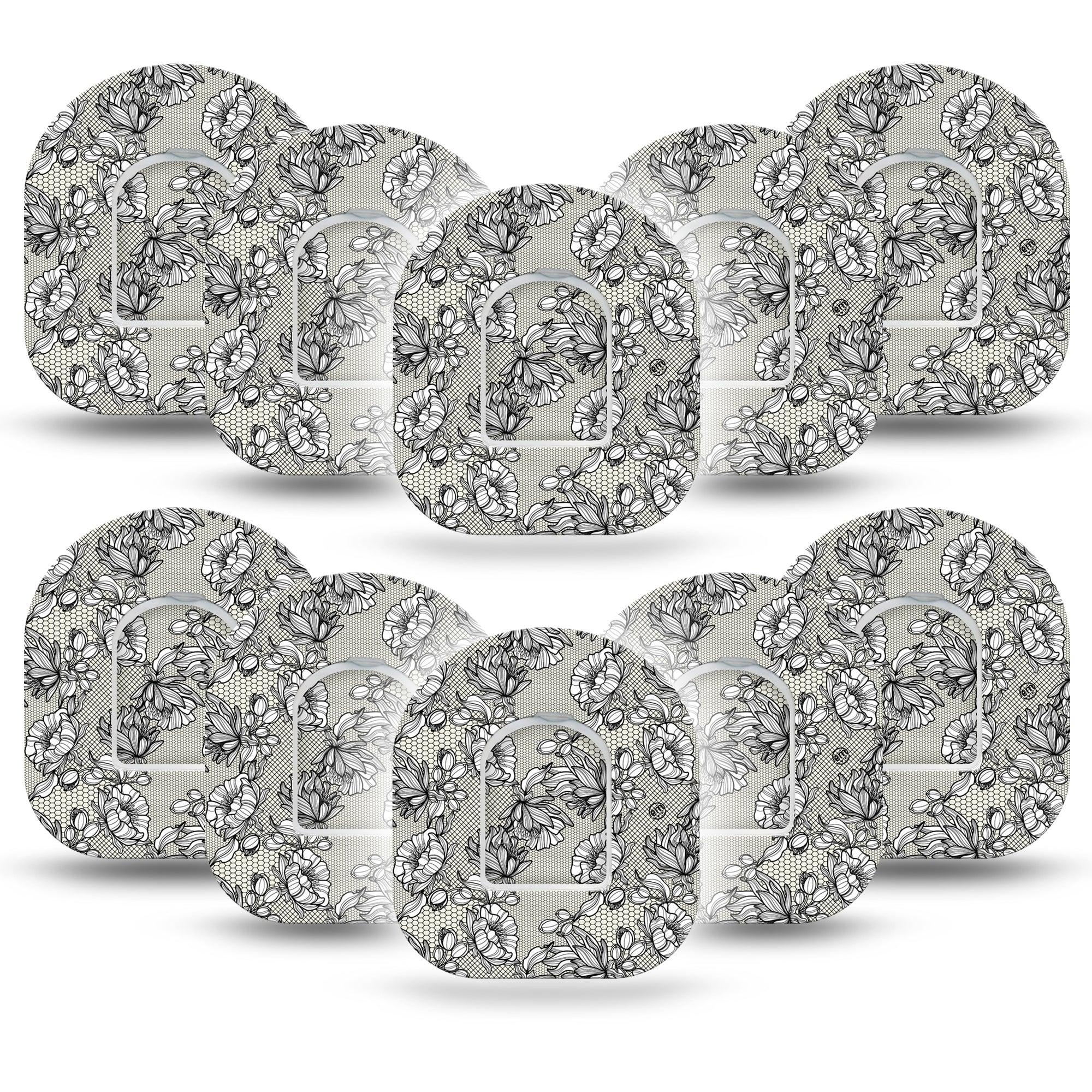 Black Lace Omnipod Patch, 10-pack sticker and tape, floral lace themed cgm adhesive tape design