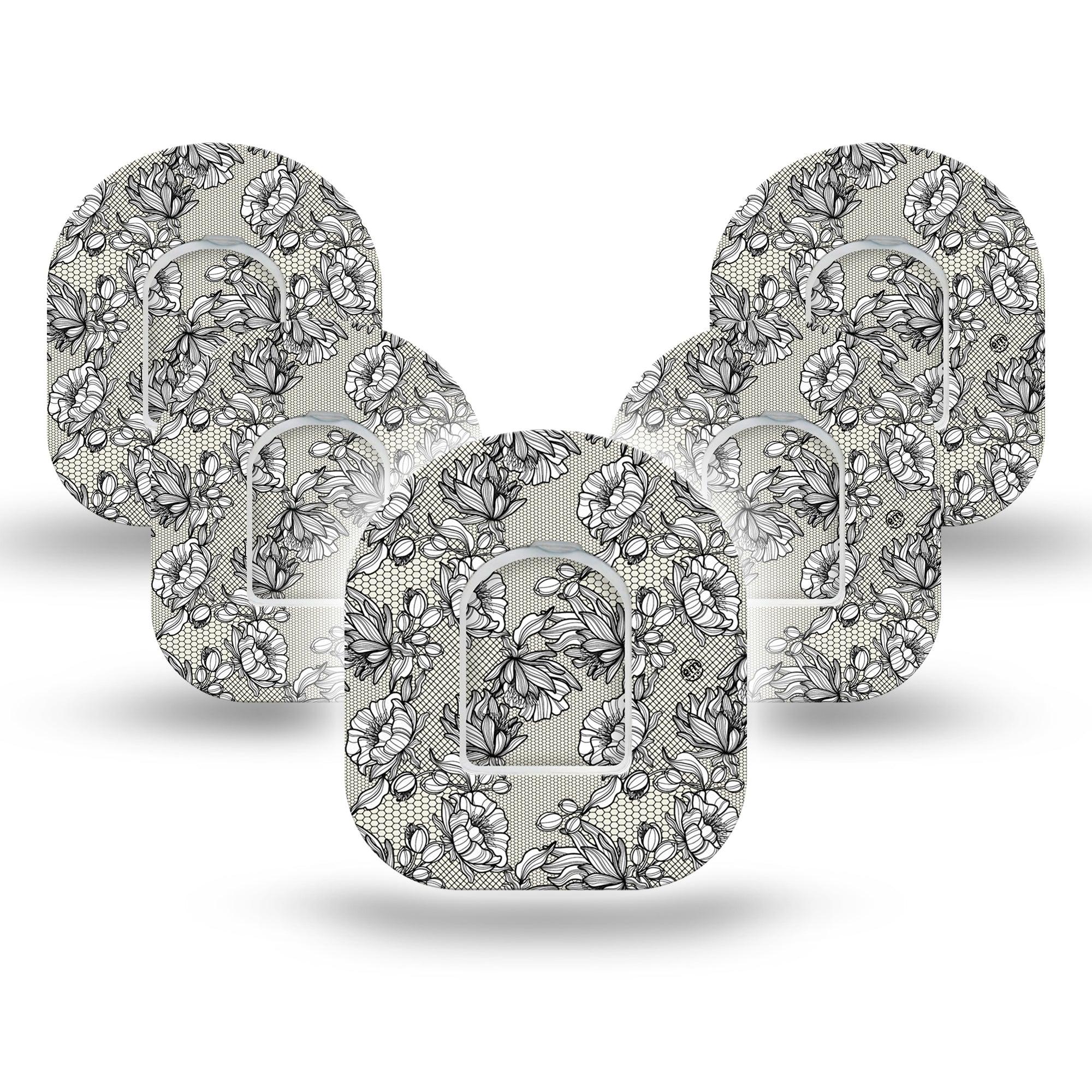 Black Lace Omnipod Patch, 5-pack sticker and tape, floral lace themed cgm adhesive tape design