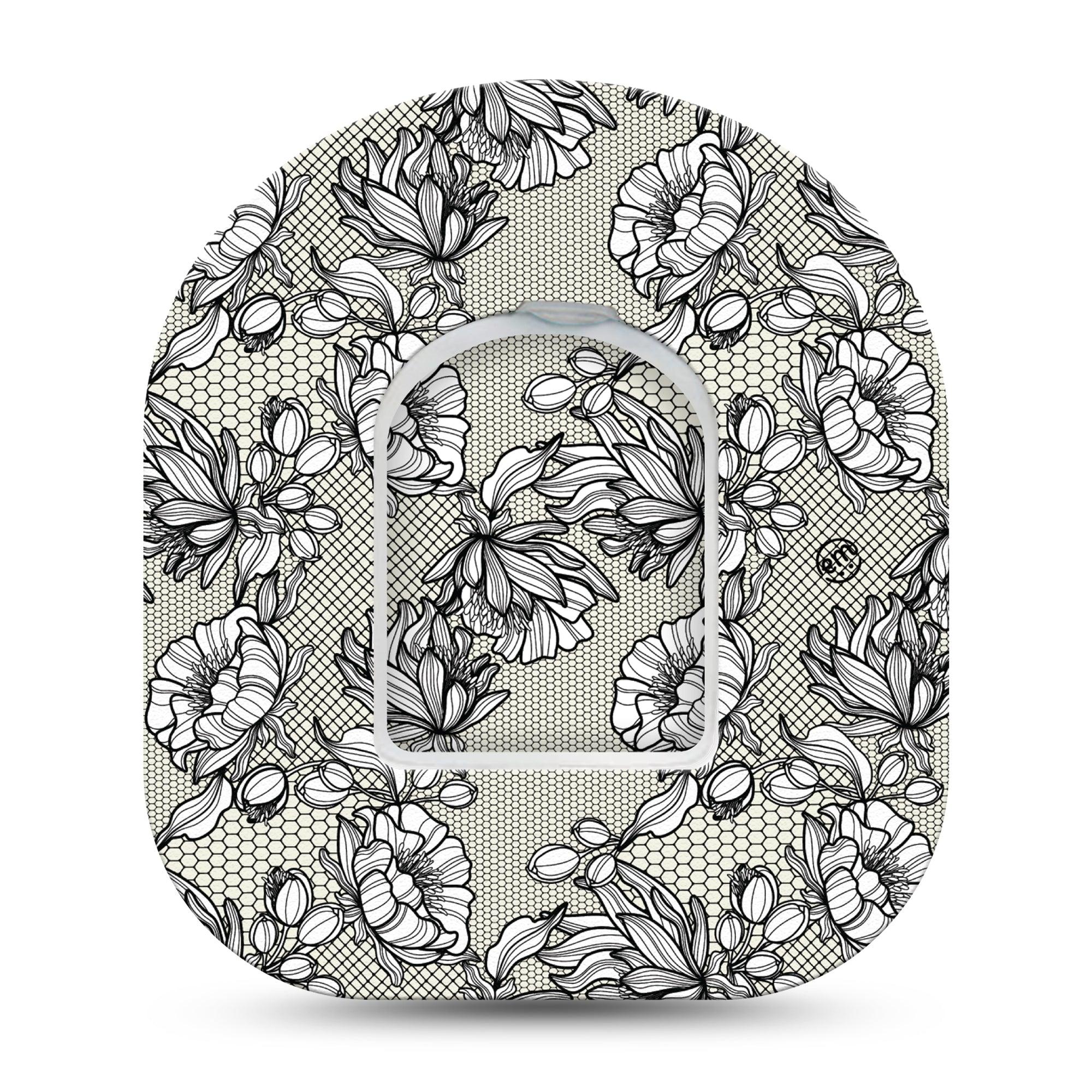 Black Lace Omnipod Patch, single sticker and tape, floral lace themed cgm adhesive tape design