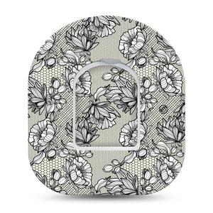 Black Lace Omnipod Patch, single sticker and tape, floral lace themed cgm adhesive tape design