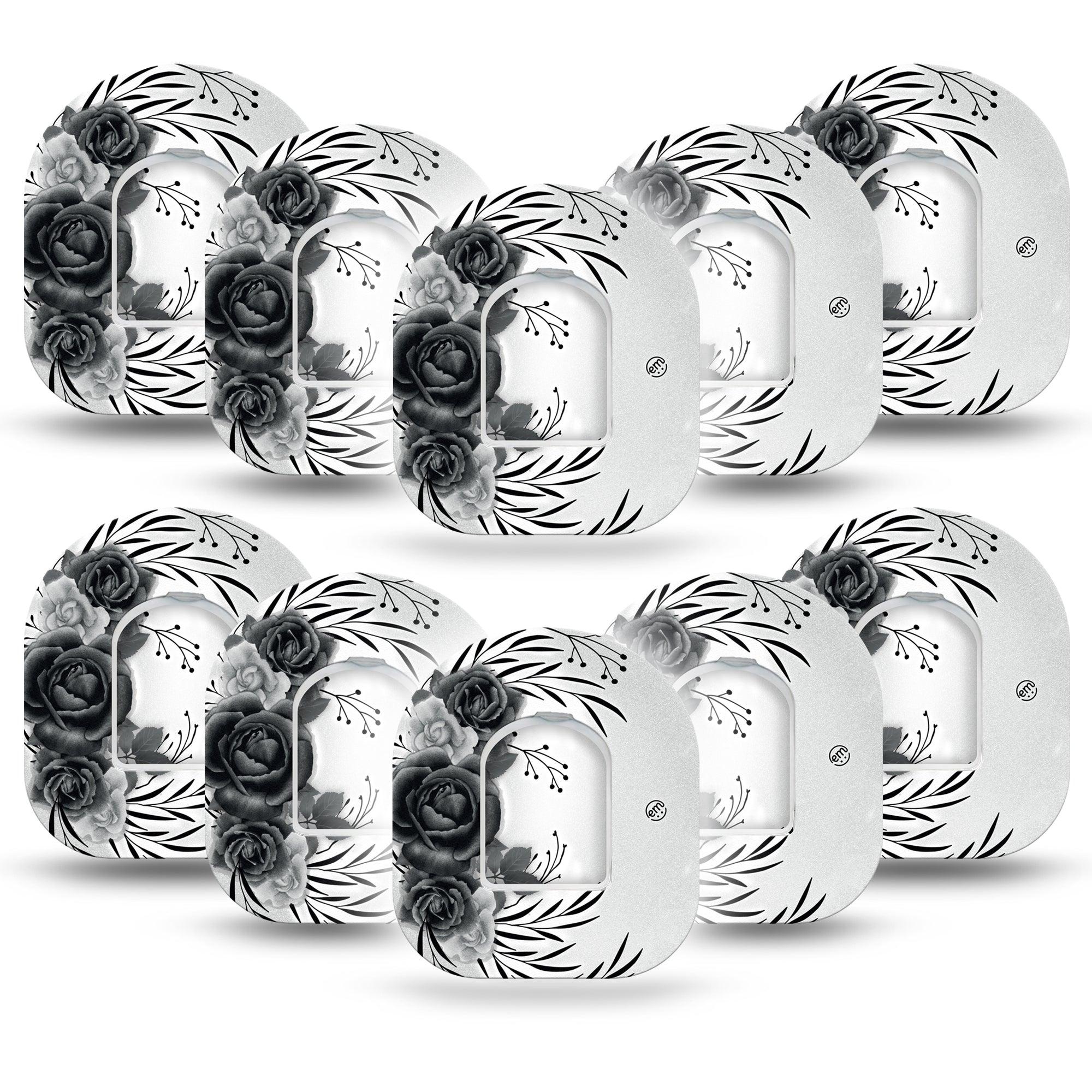 ExpressionMed Tattoo Rose Pod Tape, 10-Pack Tape and 10-Pack Sticker, Classic Black and White Tattoo Roses Inspired Design Pod Overlay Patch