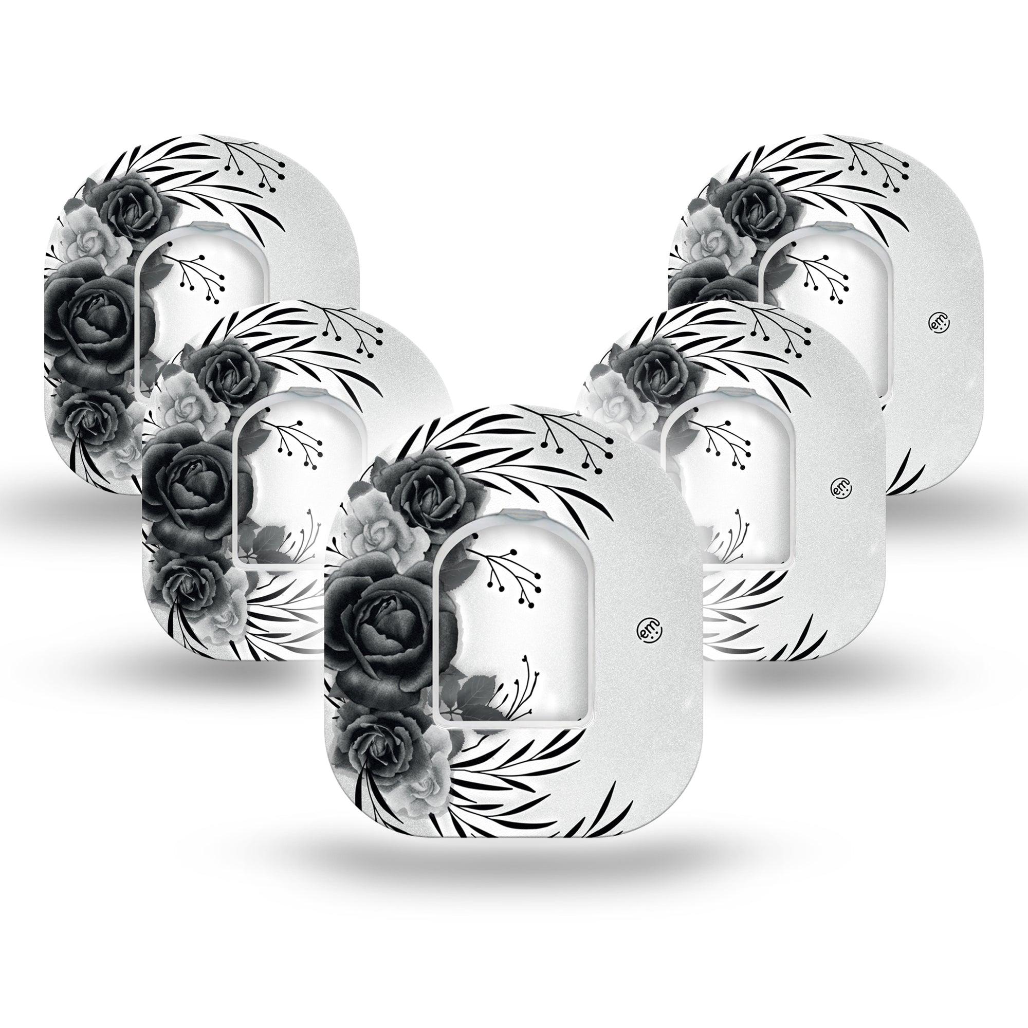 ExpressionMed Tattoo Rose Pod Tape, 5-Pack Tape and 5-Pack Sticker, Classic Black and White Tattoo Roses Inspired Design Pod Overlay Patch