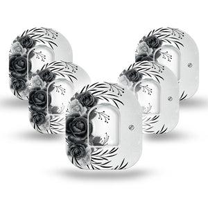 ExpressionMed Tattoo Rose Pod Tape, 5-Pack Tape and 5-Pack Sticker, Classic Black and White Tattoo Roses Inspired Design Pod Overlay Patch
