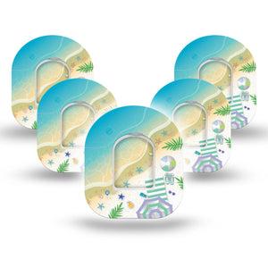 ExpressionMed Relaxing Beach Pod Tape, 5-Pack, Day at the Beach Design Themed Omnipod Plaster Patch with center stickers