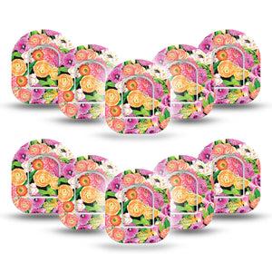 ExpressionMed Hand Painted Flowers Omnipod Mini Tape 10-Pack Tape and 10-Pack Sticker Pink Orange Flower Bouquet Adhesive Tape Pump Design