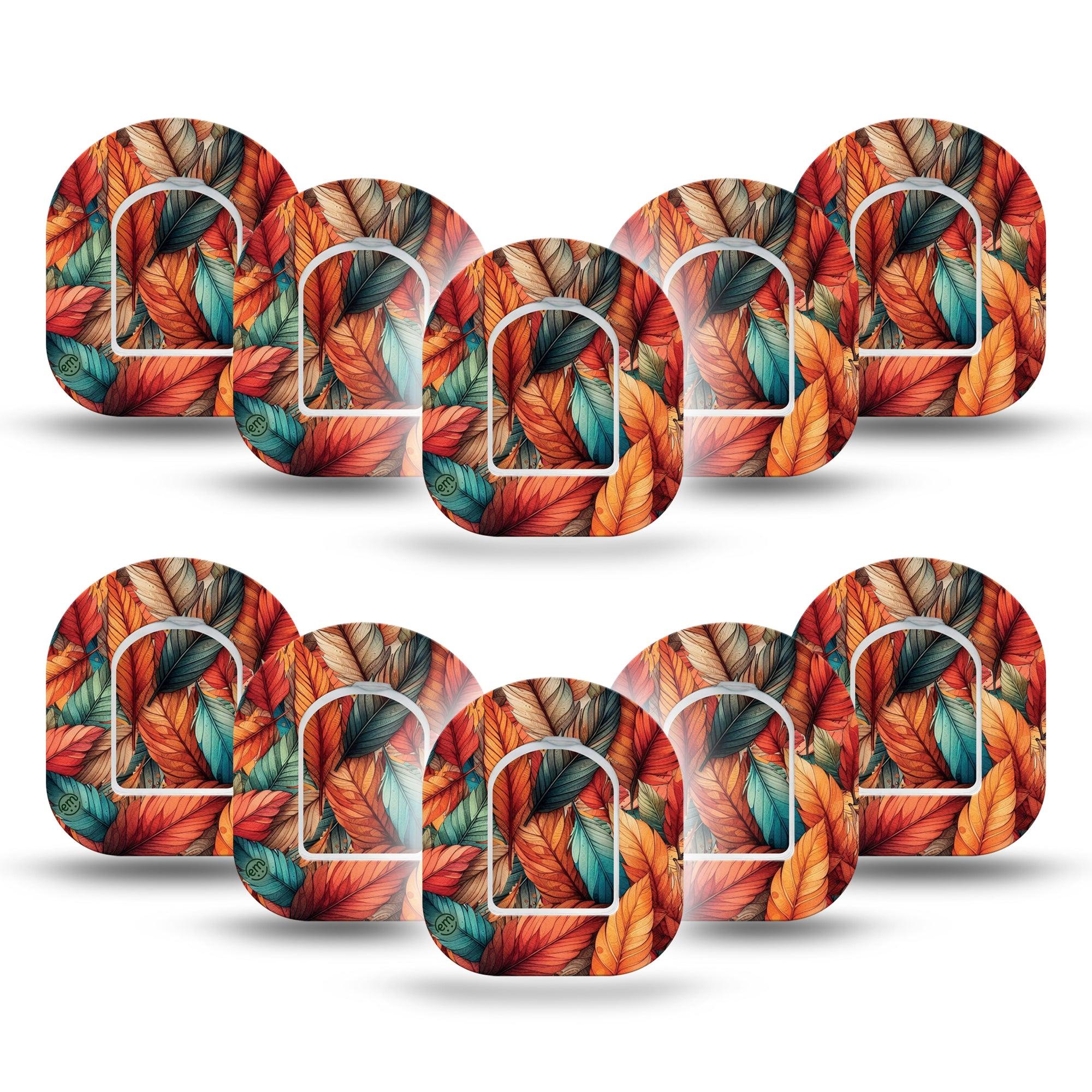 ExpressionMed Fall Leaf Feathers Omnipod Mini Tape 5-Pack Tape and 5-Pack Sticker Pile of Feathers Inspired Adhesive Tape Pump Design