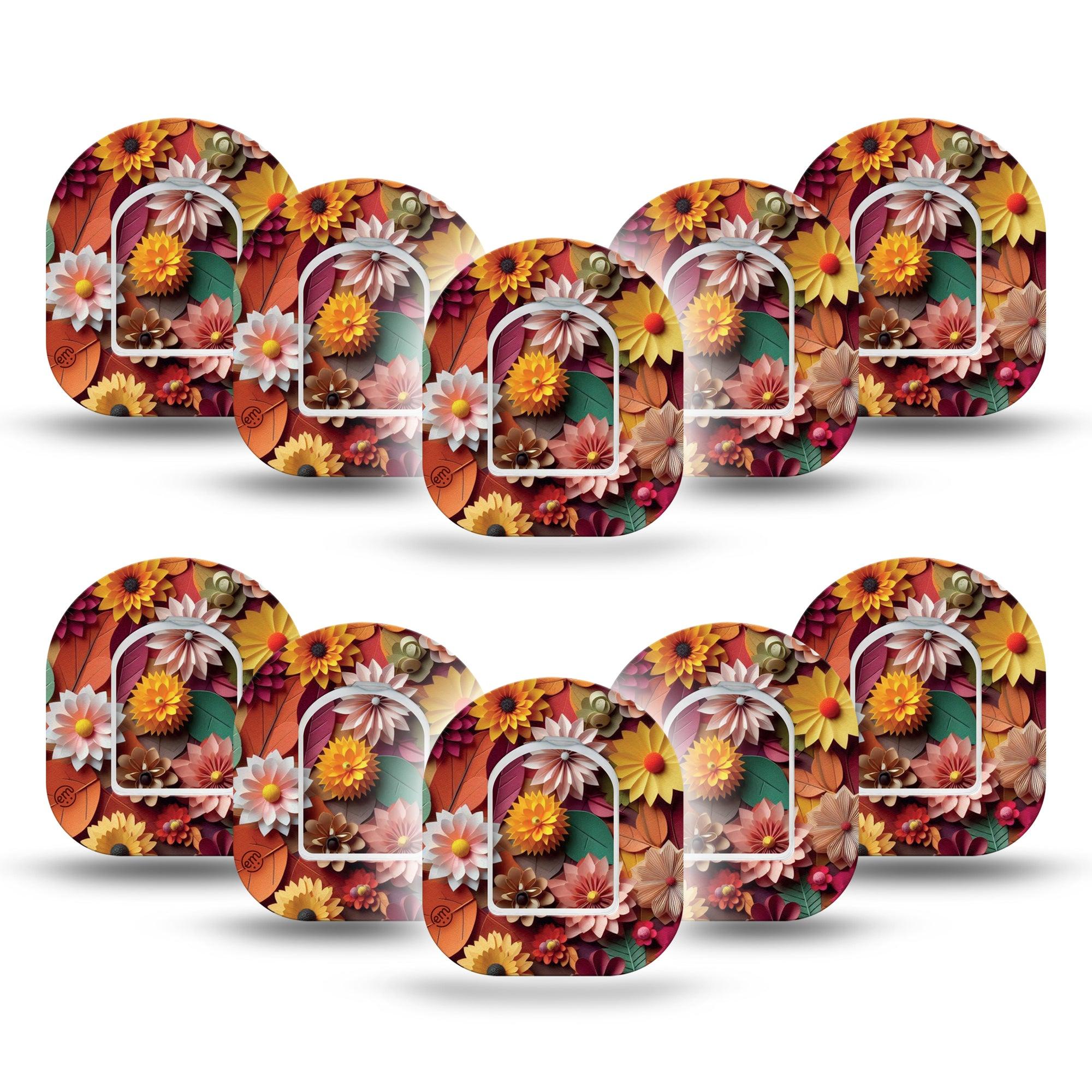 ExpressionMed 3D Floral Omnipod Mini Tape 10-Pack Tape and 10-Pack Sticker Fall Foliage and Florals, Adhesive Tape Pump Design