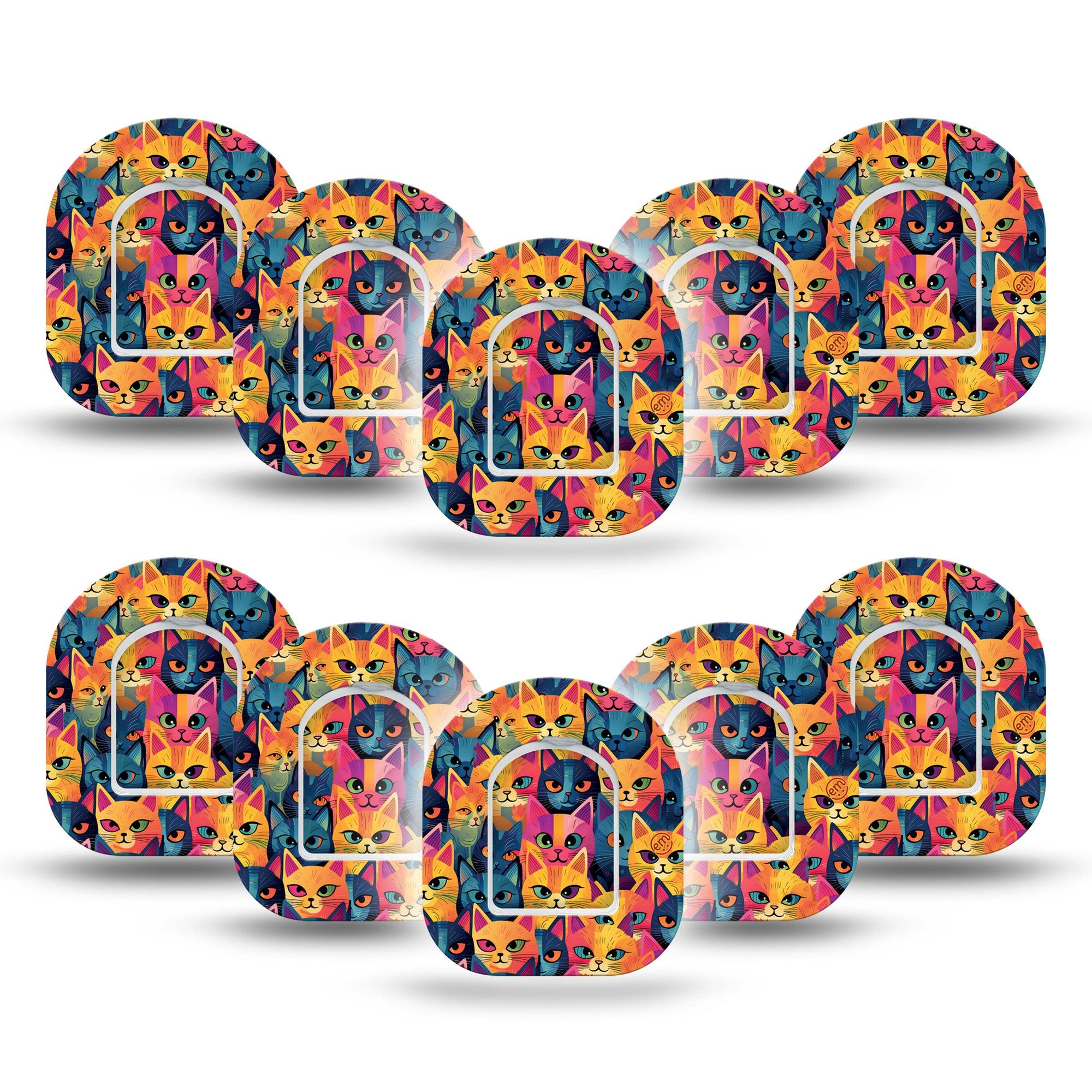 ExpressionMed Catorama Omnipod Mini Tape 10-Pack Tape and 10-Pack Sticker Orange Blue Hue Kitties Adhesive Tape Pump Design
