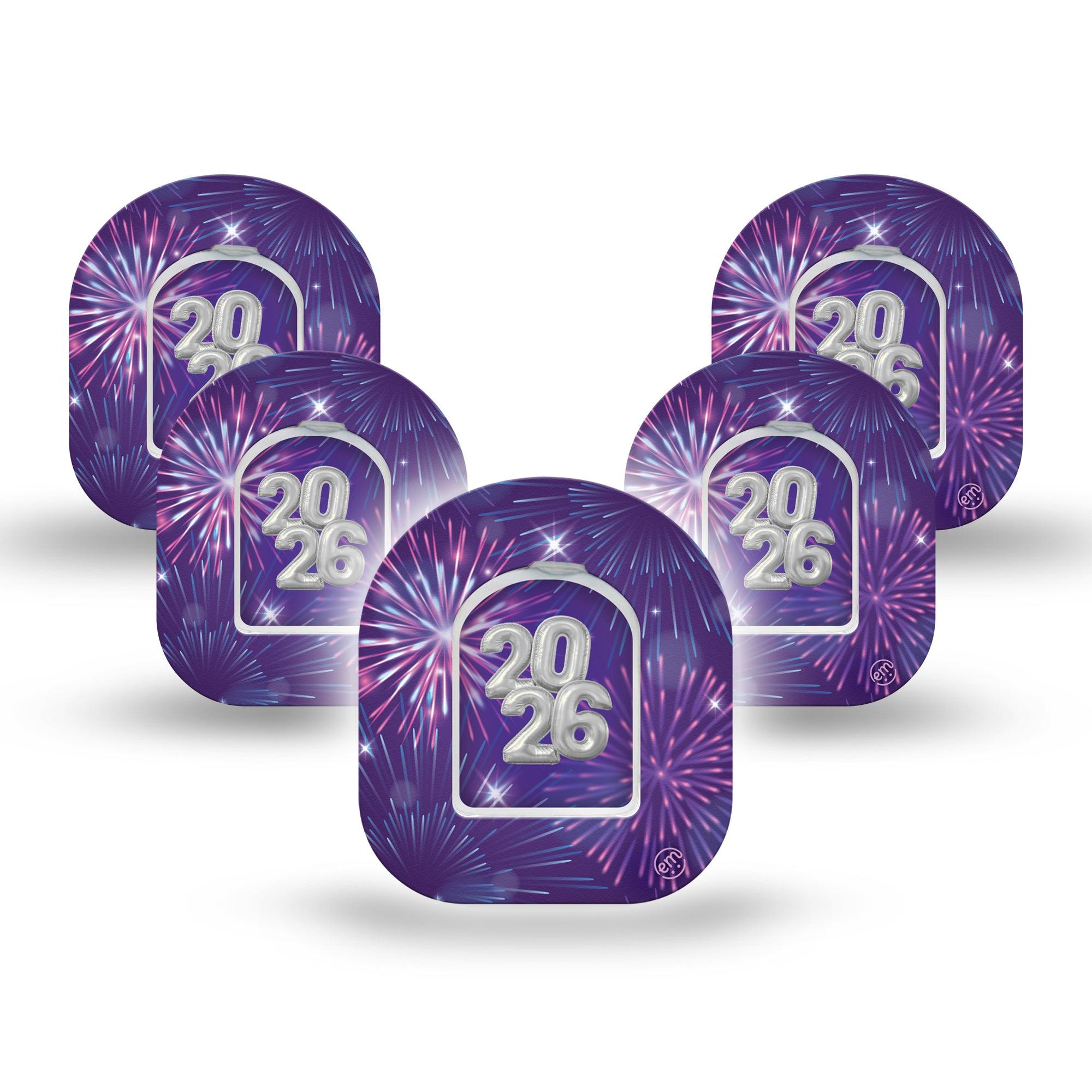 ExpressionMed New Years Celebration Omnipod Mini Tape Single Tape and Single Sticker January 1st 2026 Fireworks, Adhesive Tape Pump Design