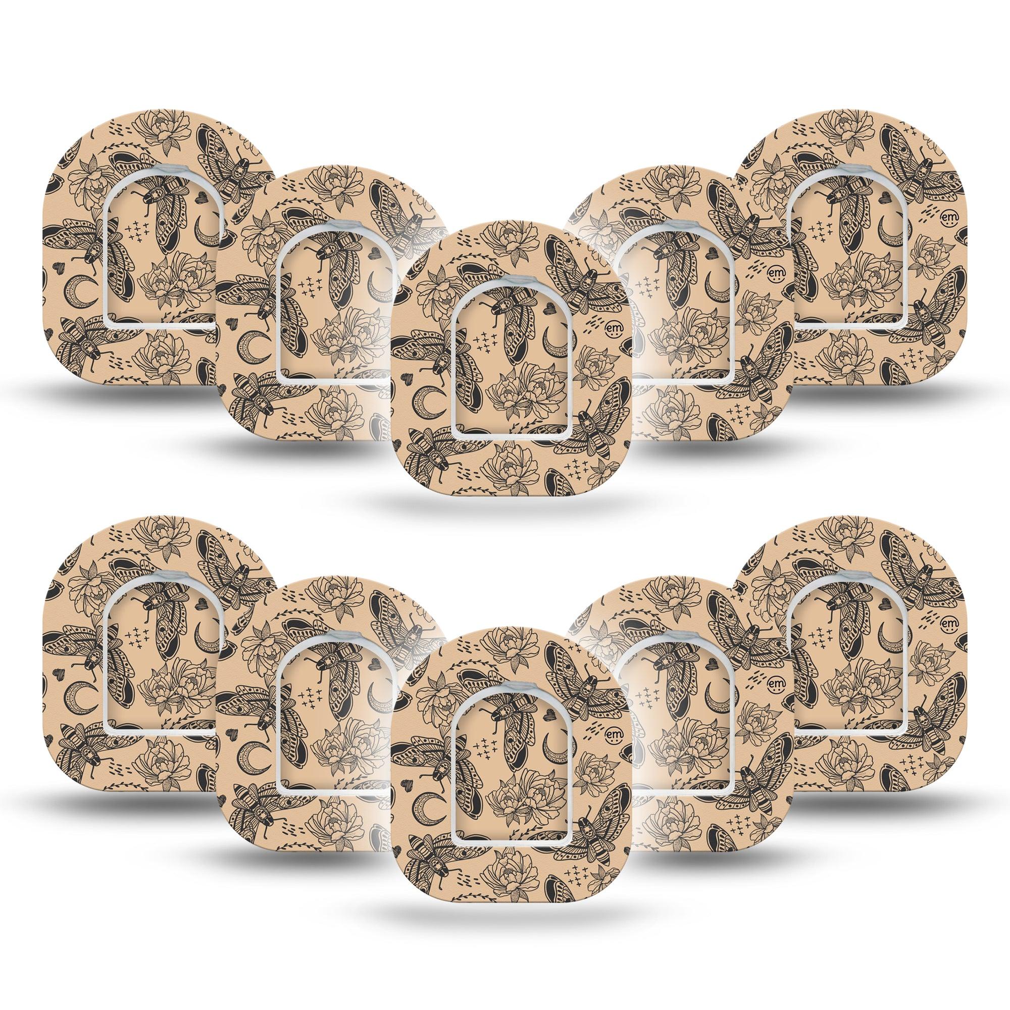 ExpressionMed Tattoo Print Omnipod Mini Tape 10-Pack Tape and 10-Pack Sticker Rose Moth Symbolism Tattoo, Adhesive Tape Pump Design