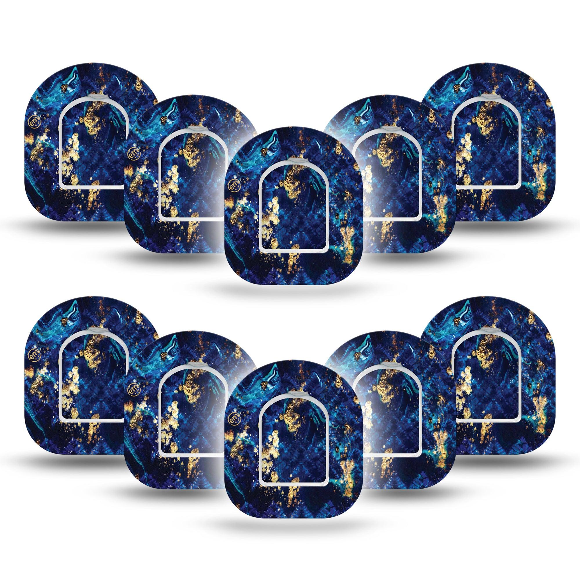 ExpressionMed Molten Midnight Omnipod Mini Tape 10-Pack Tape and 10-Pack Sticker Deep Blue Wavy Gold Details, Adhesive Tape Pump Design