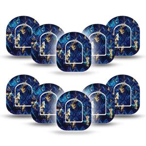 ExpressionMed Molten Midnight Omnipod Mini Tape 10-Pack Tape and 10-Pack Sticker Deep Blue Wavy Gold Details, Adhesive Tape Pump Design