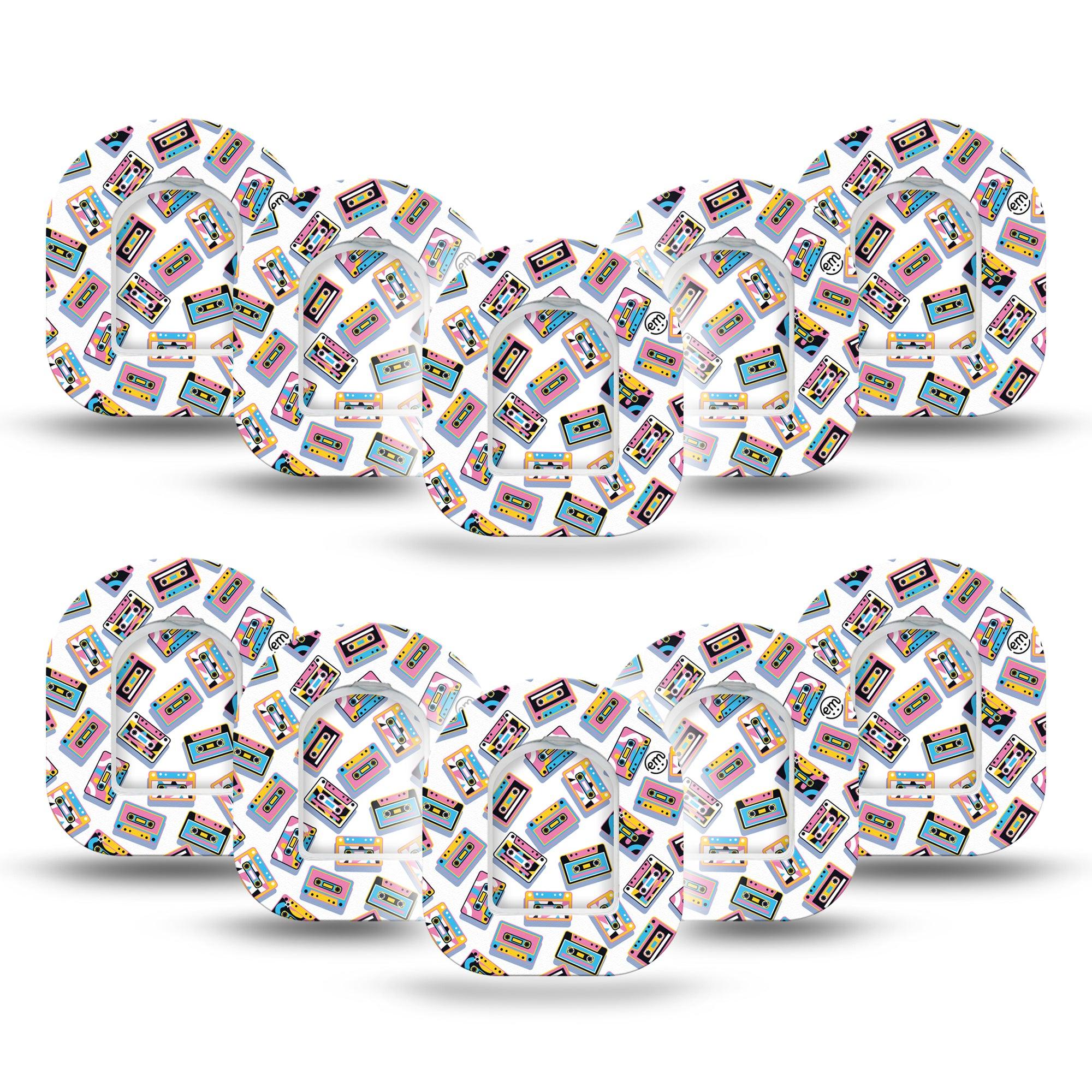 ExpressionMed Vintage Music Tapes Omnipod Mini Tape 10-Pack Tape and 10-Pack Sticker Colorful Music Tapes, Adhesive Tape Pump Design