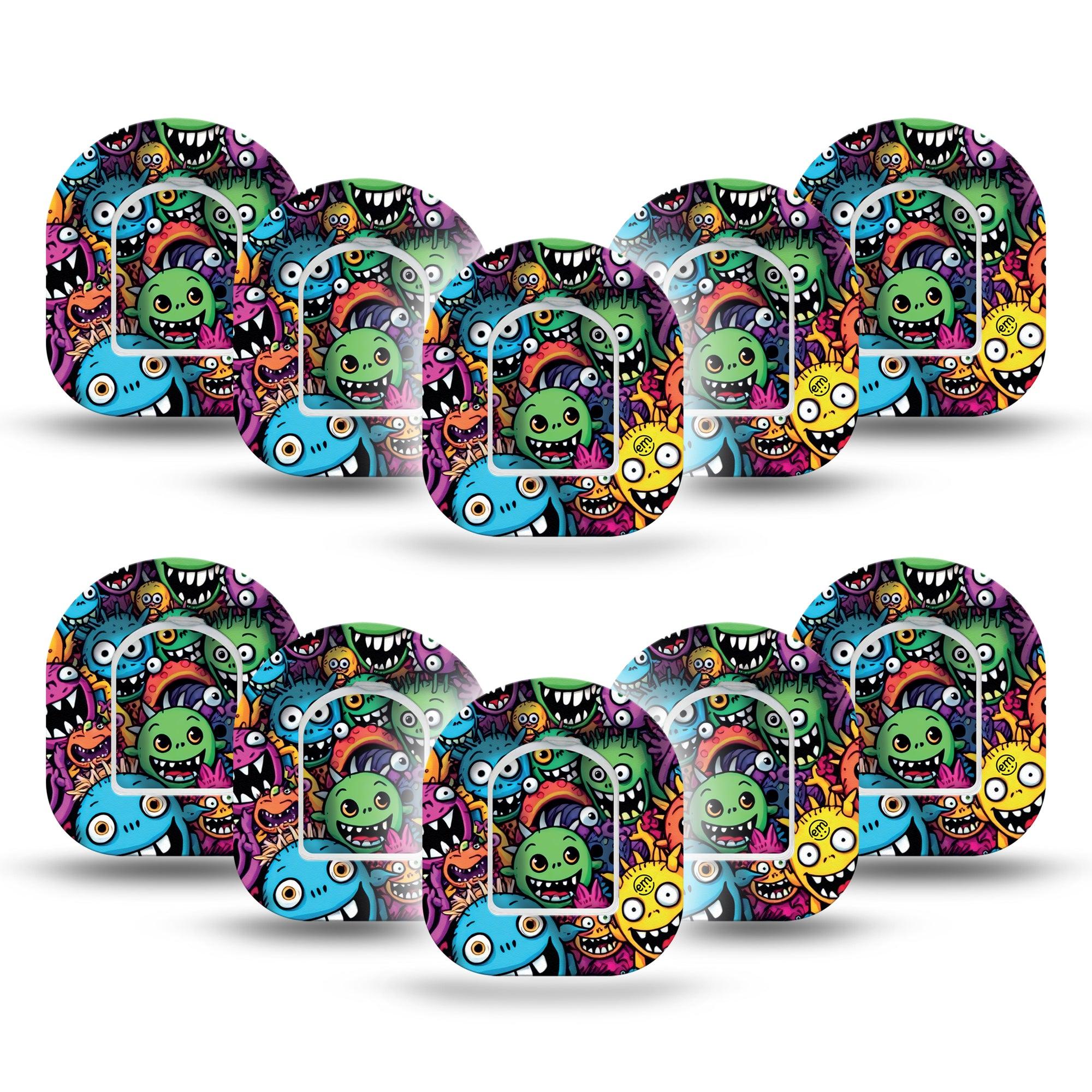 ExpressionMed Funky Monsters Omnipod Mini Tape 10-Pack Tape and 10-Pack Sticker Mischievous Creatures, Adhesive Tape Pump Design