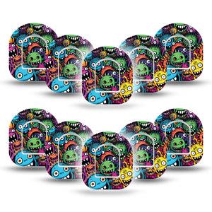 ExpressionMed Funky Monsters Omnipod Mini Tape 10-Pack Tape and 10-Pack Sticker Mischievous Creatures, Adhesive Tape Pump Design
