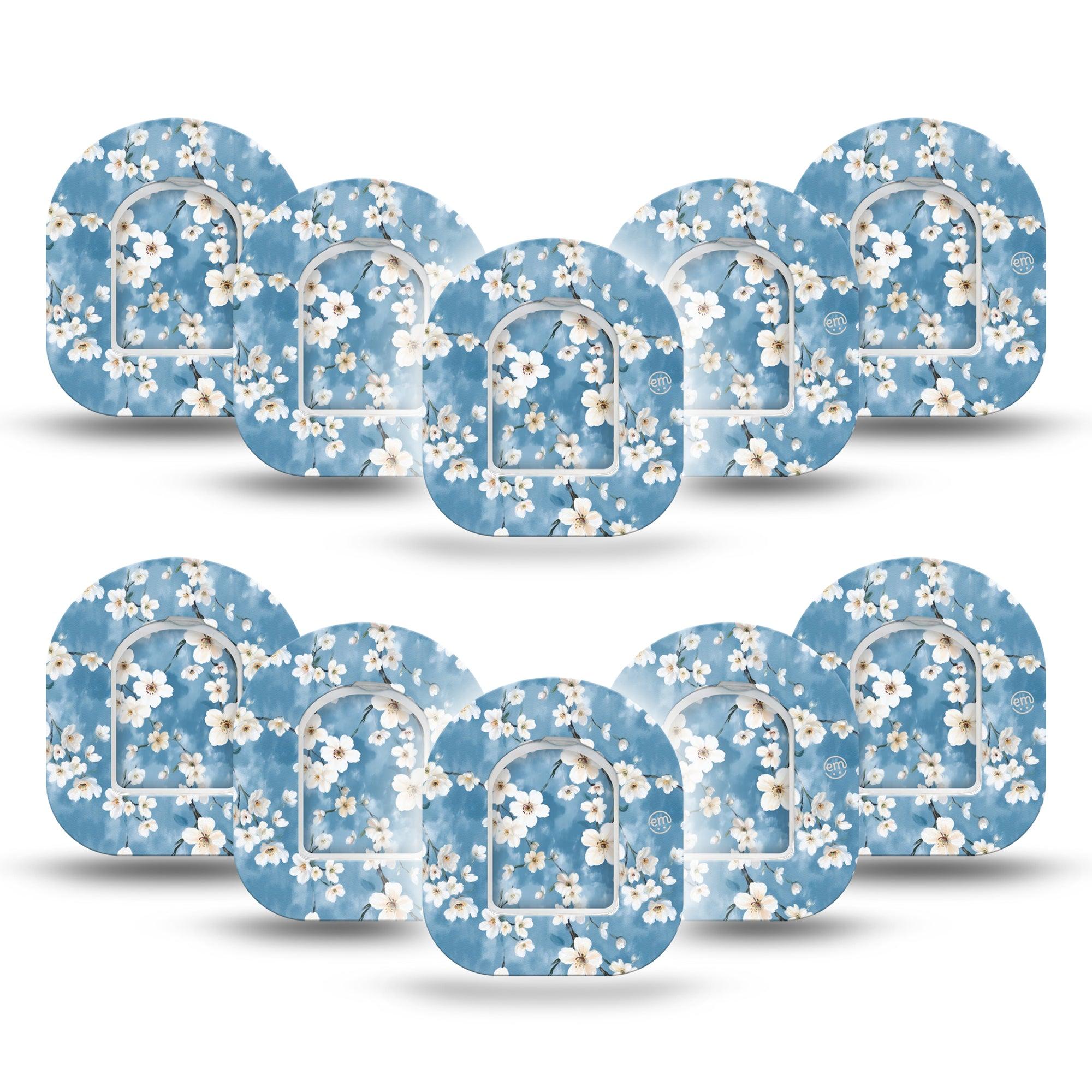 ExpressionMed Cherry Blossom Omnipod Mini Tape 10-Pack Tape and 10-Pack Sticker Limewash Painted White Blooms, Adhesive Tape Pump Design