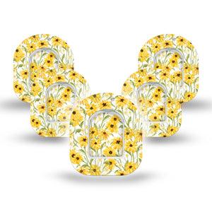 ExpressionMed Yellow Mosaic Floral Omnipod Mini Tape 5-Pack Tape and 5-Pack Sticker Summer-Inspired Flower Field, Adhesive Tape Pump Design