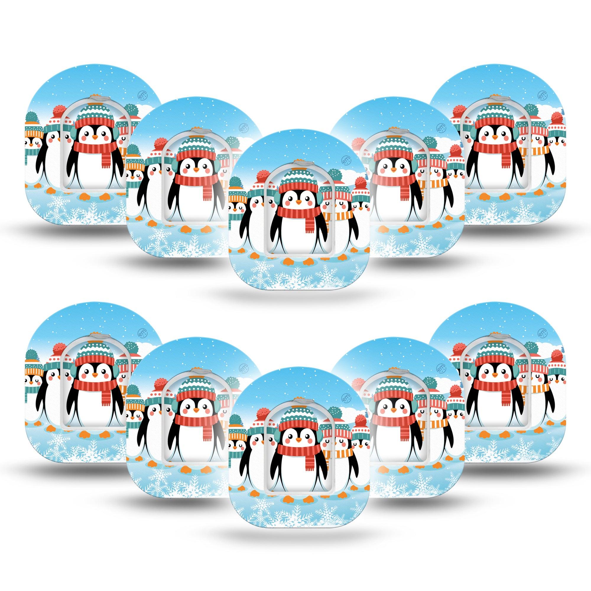 ExpressionMed Penguins In Row Omnipod Mini Tape 10-Pack Tape and 10-Pack Sticker Hat and Scarf Penguins, Adhesive Tape Pump Design
