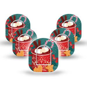 ExpressionMed Hot Chocolate Omnipod Mini Tape 5-Pack Tape and 5-Pack Sticker Hot Chocolate with Christmas Marshmallows, Adhesive Tape Pump Design