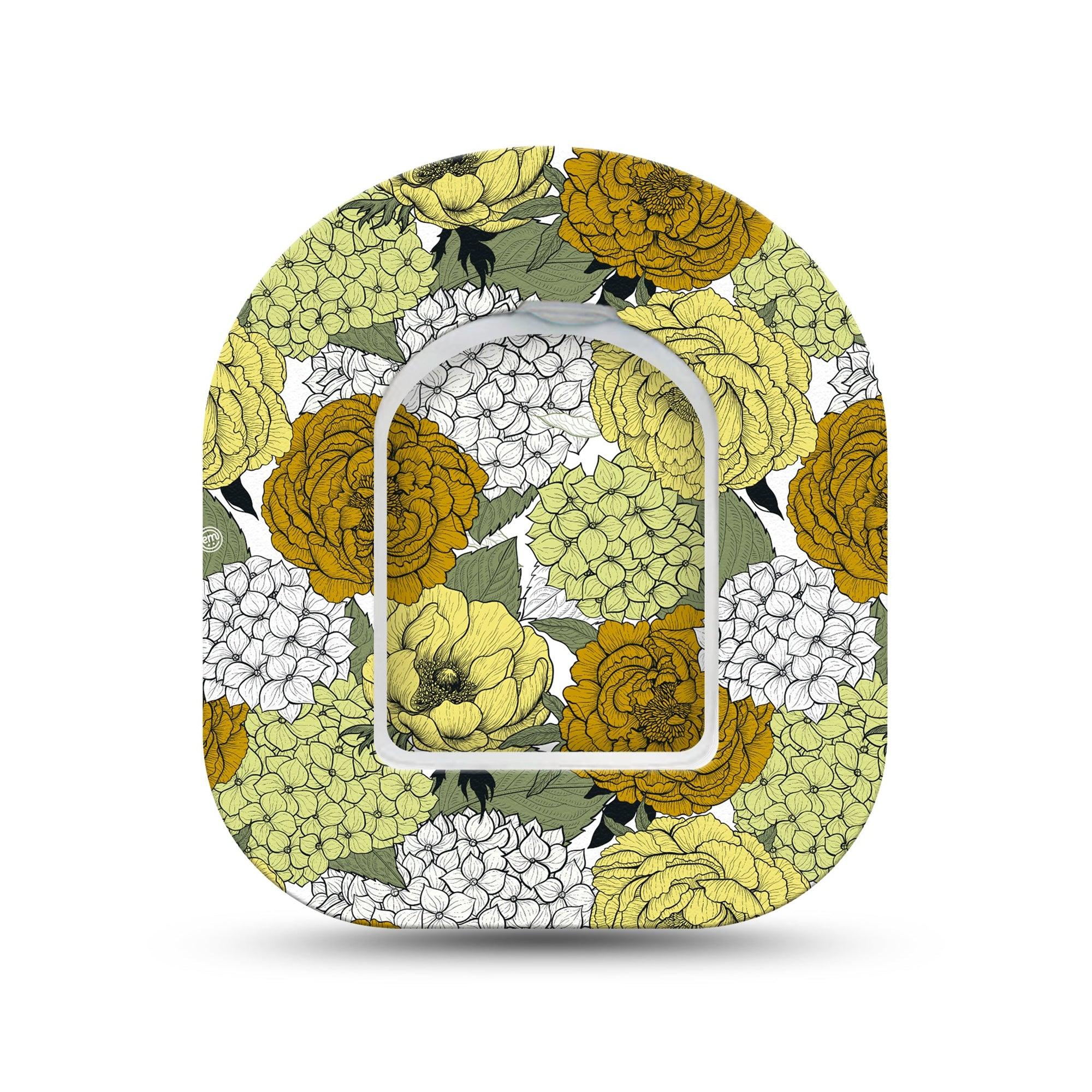 ExpressionMed Hydrangeas Pod Surface Center Sticker with Matching Omnipod Adhesive Patch Green Blooming Florals Pod Vinyl Pump Device Design