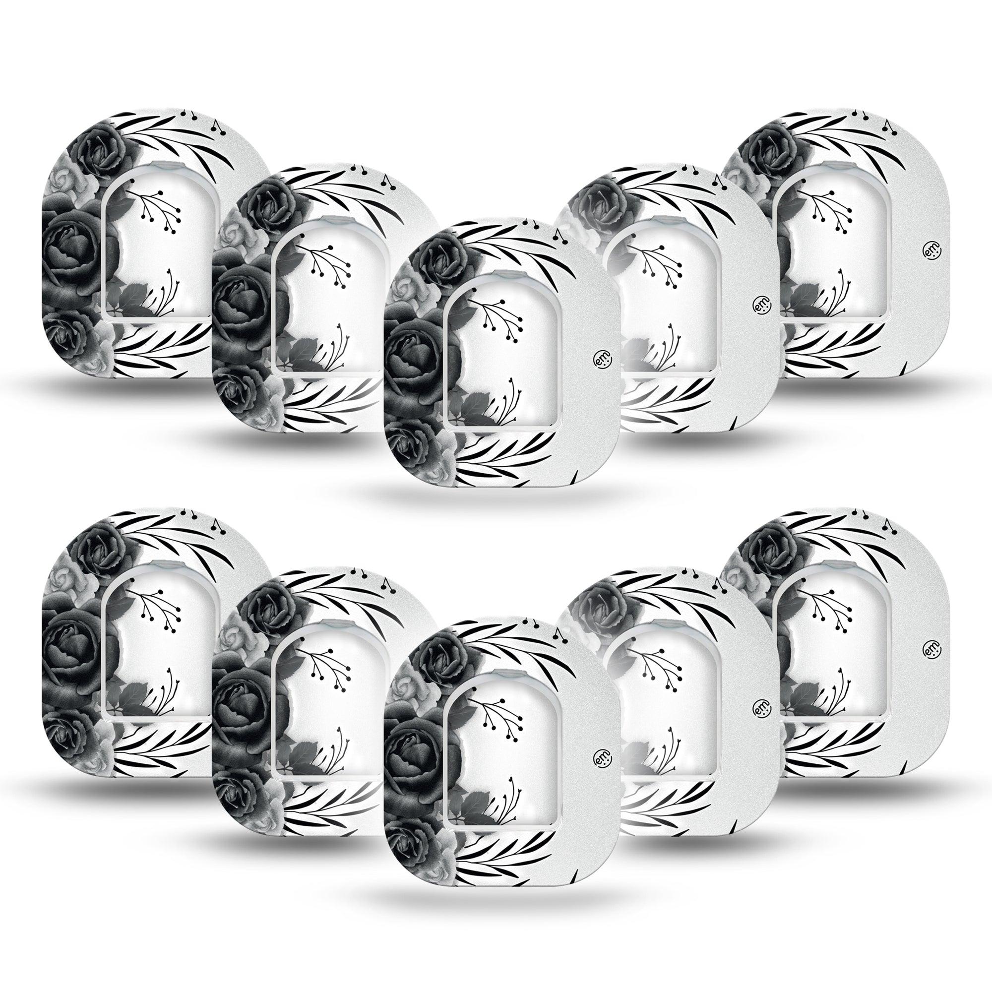 ExpressionMed Tattoo Rose Pod Mini Tape, 10-Pack Tape and 10-Pack Sticker, Classic Black and White Tattoo Roses Inspired Design Pod Overlay Patch