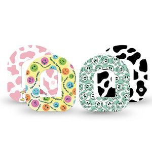 ExpressionMed Cow Print Suprise Variety Pack Pod Tape, 4-Pack, Pastel Colored Smileys Inspired, CGM Overlay Patch Design