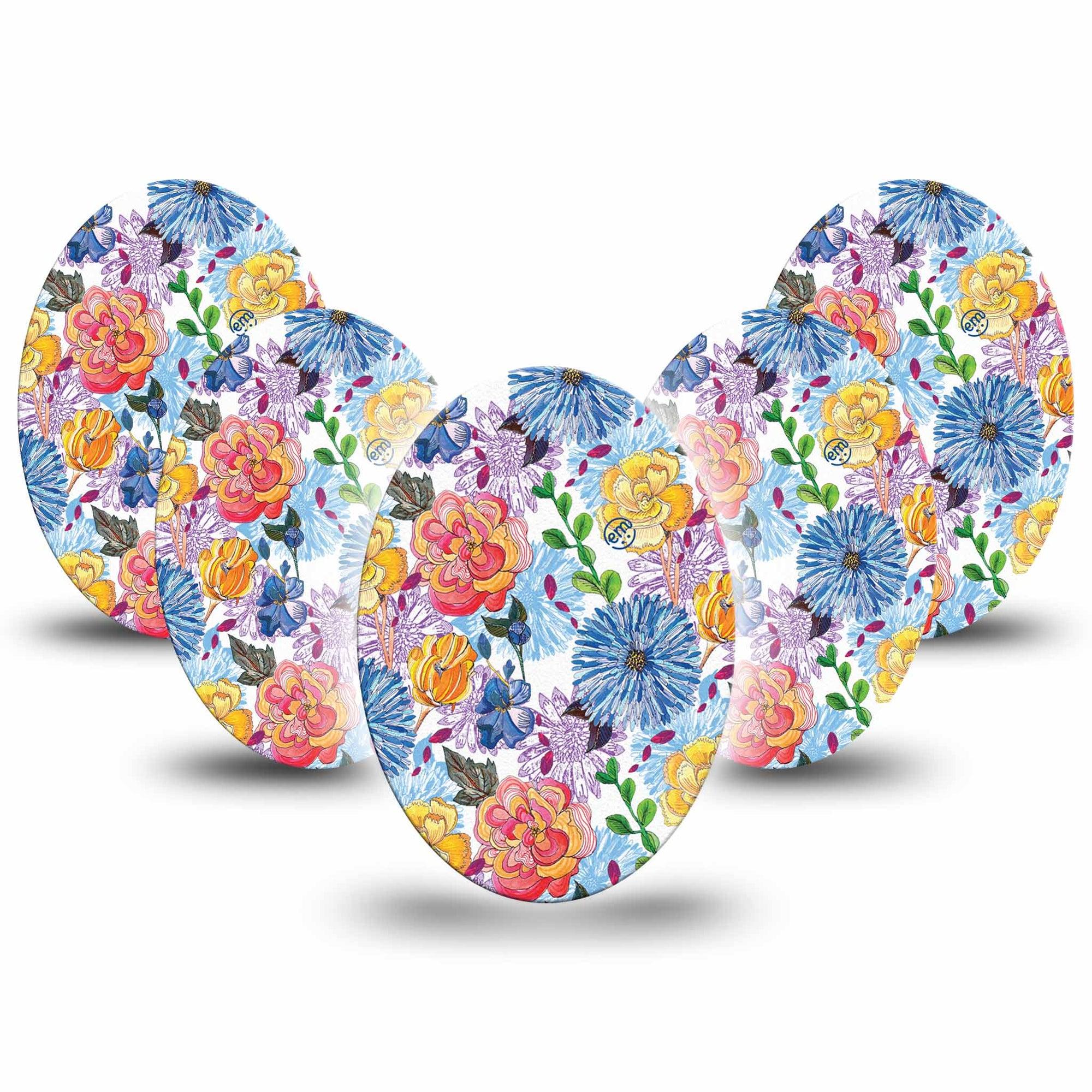 Medtronic Enlite / Guardian Stylised Floral Universal Oval Tape, 5-Pack, Floral Grounds Inspired, Medtronic Overlay Patch Design