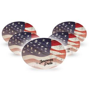 Medtronic Enlite / Guardian ExpressionMed American Pride Universal Oval Tape, 5-Pack Single design, USA dusty Flag "american pride" wording themed Medtronic Adhesive Patch Design