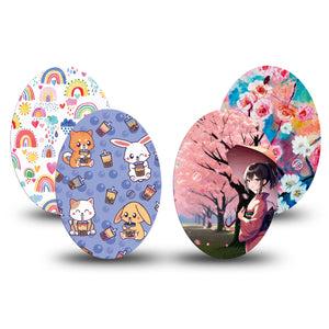 Medtronic Enlite / Guardian ExpressionMed Anime Style Variety Pack Universal Oval Tape, 4-Pack, Flamboyant Anime Drawing Themed, Medtronic Adhesive Patch Design