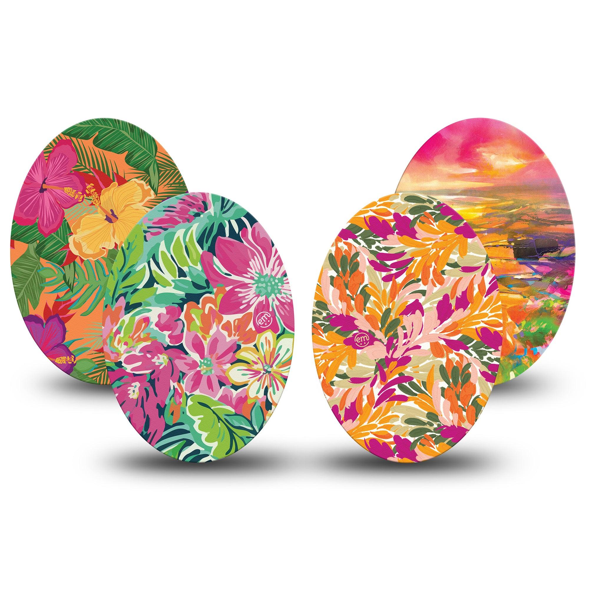 ExpressionMed Tangerine Tropics Variety Pack Medtronic Guardian Enlite Universal Oval 4-Pack Tape Variety Seaside Floral Vibes, Plaster CGM Design