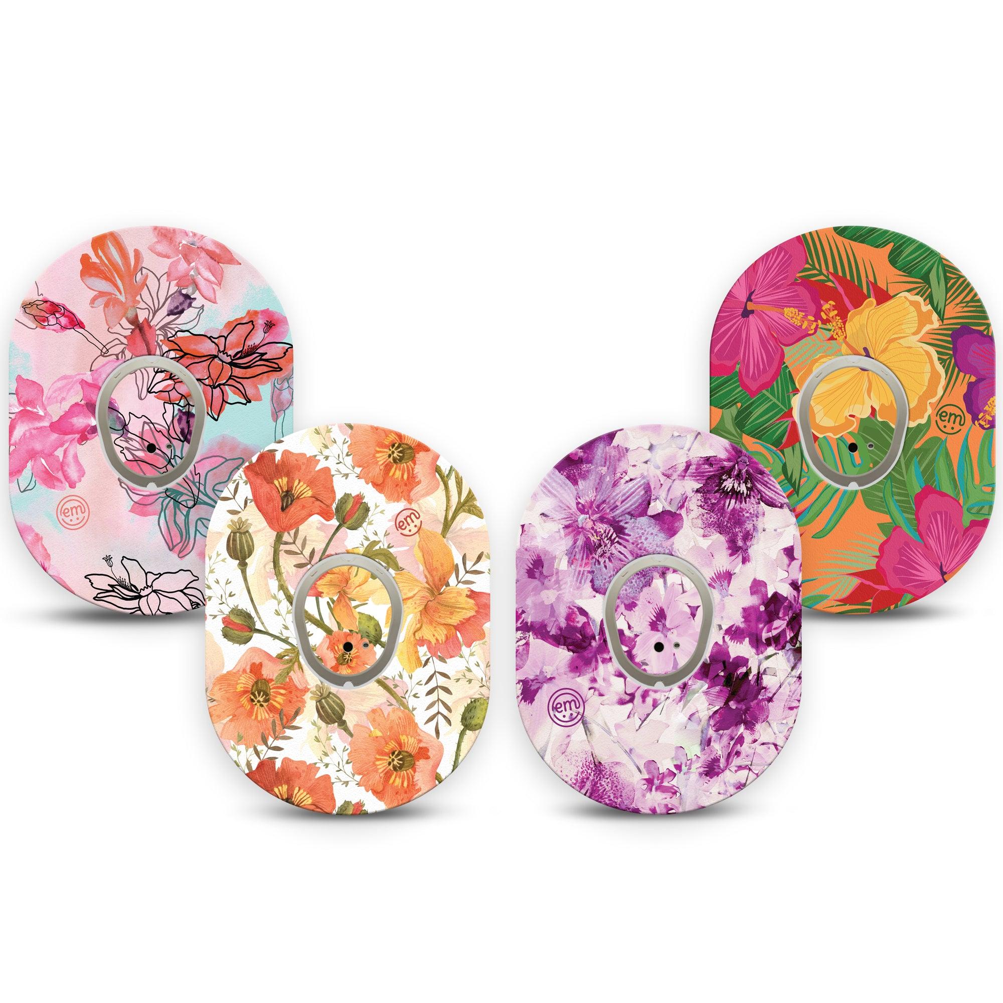 Cheerful Floral Variety Pack Dexcom G7 Transmitter Sticker, 4-Pack, Spring Colorful Florals Themed, Dexcom G7 Transmitter Vinyl Sticker, With Matching Dexcom G7 Tapes, CGM Adhesive Patch Design