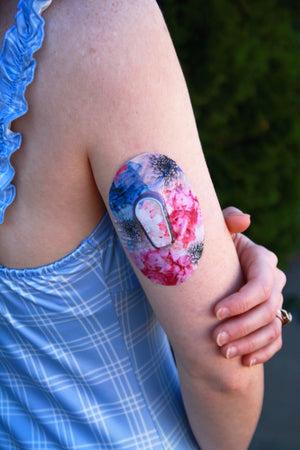 ExpressionMed Pastel Prints Variety Pack Dexcom G6 Transmitter Sticker, Single Tape and Single Sticker, Woman Wearing Bloom Town CGM Adhesive Patch Design