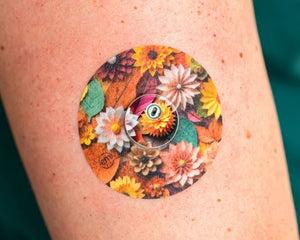 ExpressionMed, 3D Floral Libre 3 Transmitter Sticker, Tape & Sticker, Human Wearing 3D Floral Themed CGM Adhesive Patch Design