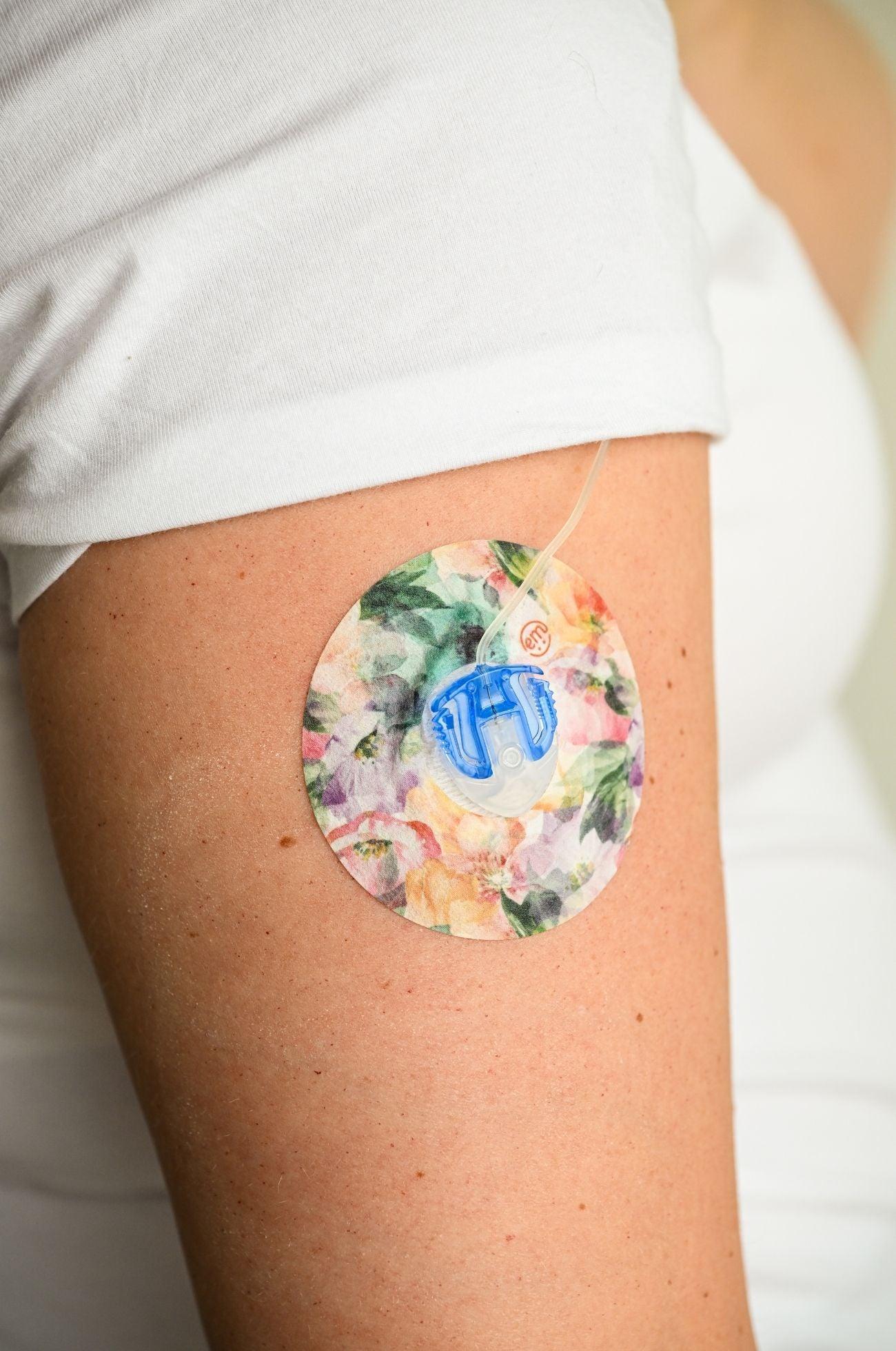 ExpressionMed FLower Clouds Libre 3 Transmitter Sticker, Single Tape, Arm Wearing Floral Themed CGM Adhesive Patch Design