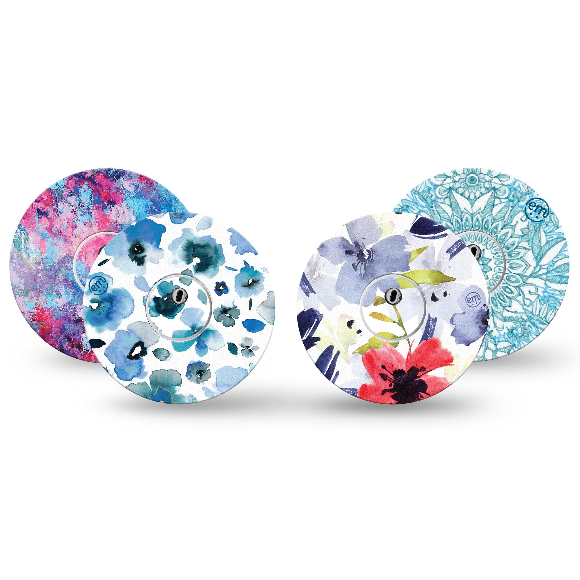 ExpressionMed Blue Blooms Variety Pack Libre 3 Transmitter Sticker, 4-Pack, Bluish Floral Mood Themed, Adhesive Tape and Center Sticker Design