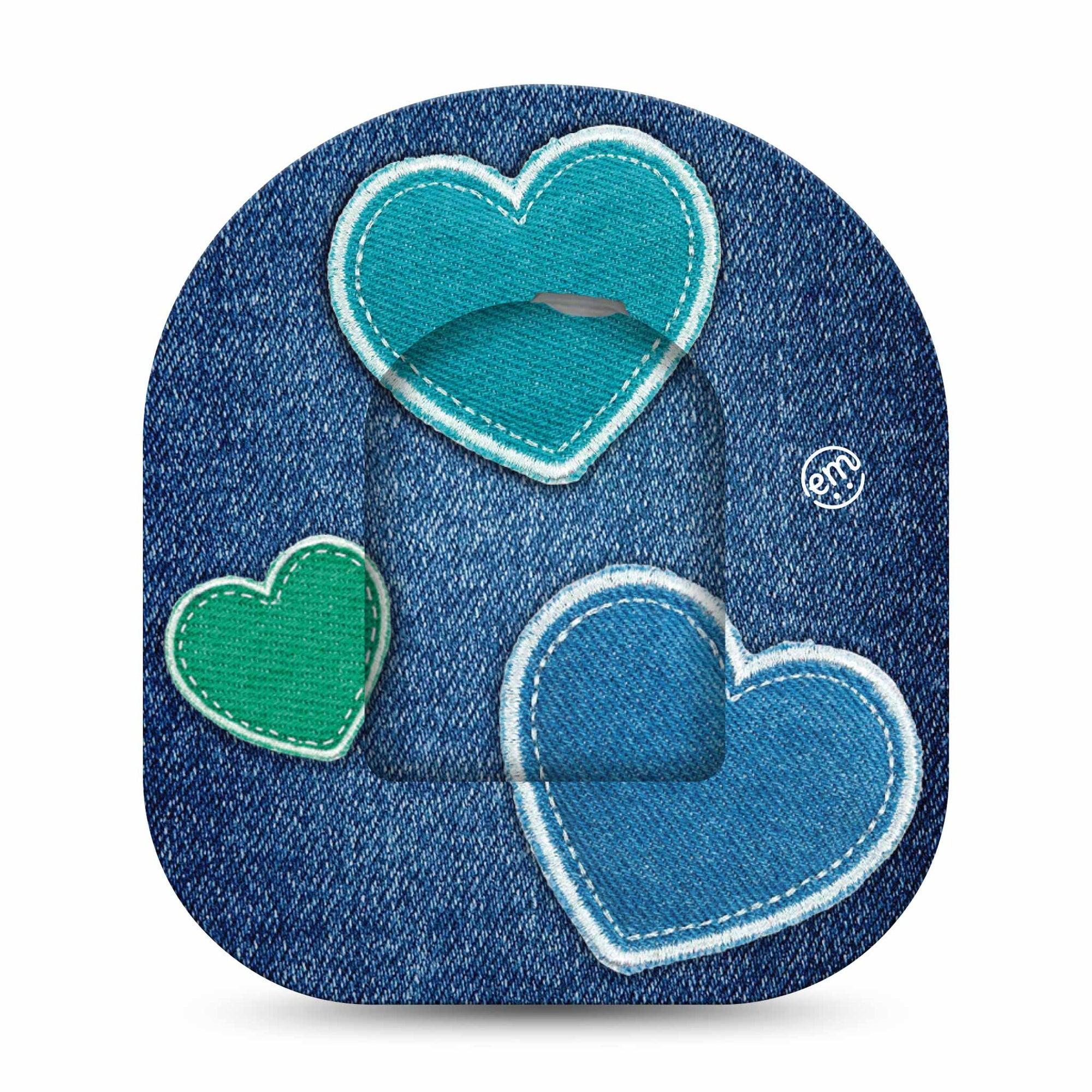 ExpressionMed Denim Heart Omnipod Center Sticker and matching adhesive patch Blue heart patches denim texture inspired Vinyl Pump Design