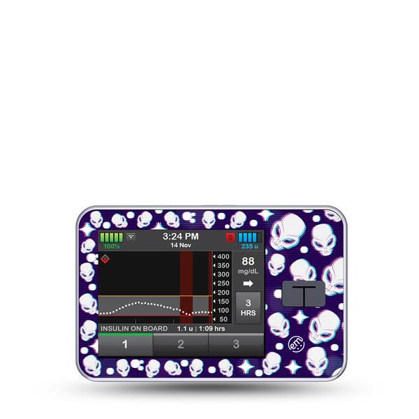 ExpressionMed, Aliens T-Slim Sticker, Single Sticker, Alien Heads Space Purple Themed CGM T-Slim Device Sticker