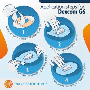 ExpressionMed Application instructions how to apply Dexcom g6 regular prep skin with soap and water allow time to dry remove section A center section, lay hole over the device peel of both section b outer sections to remove hold an edge and stretch material off of skin