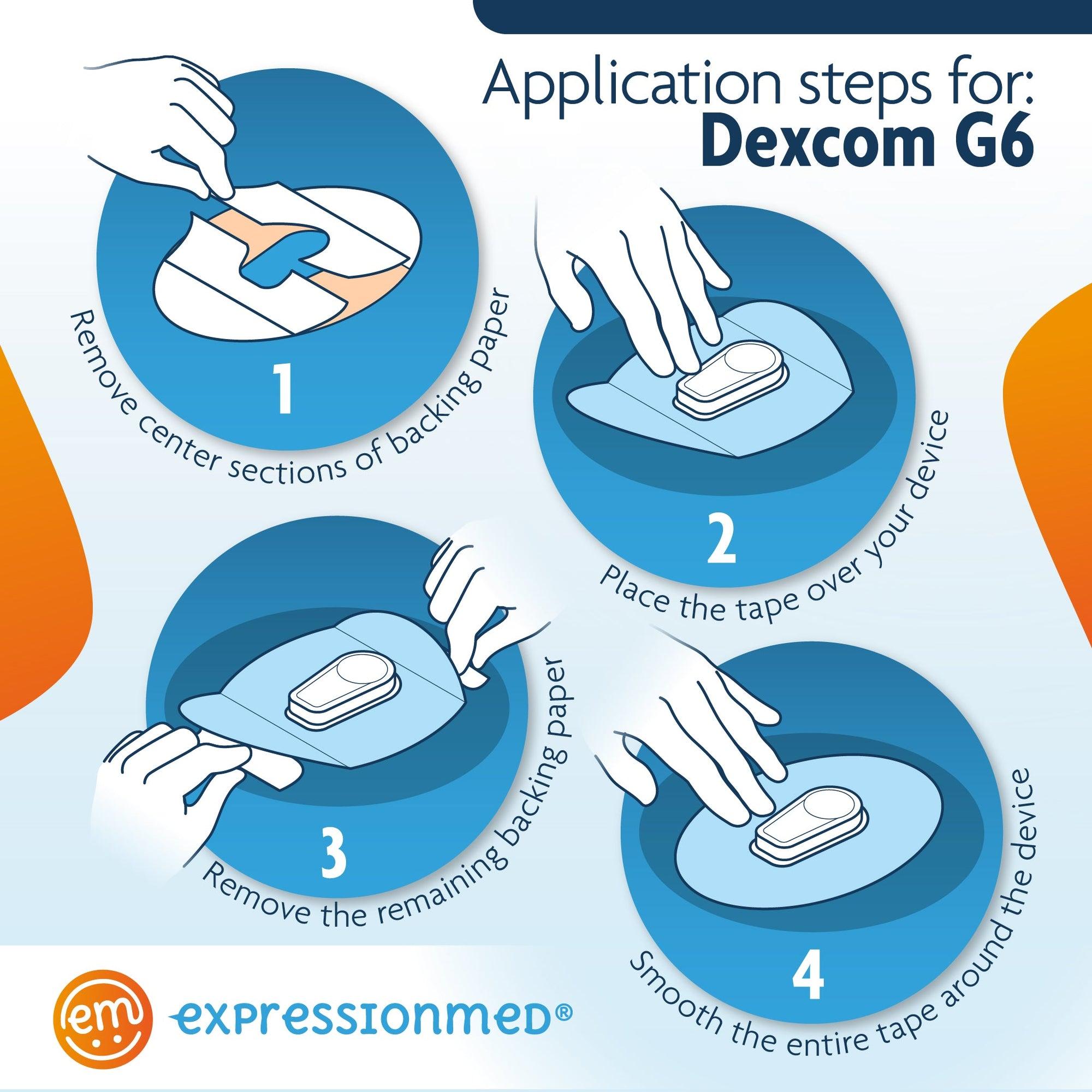 Application instructions how to apply Dexcom g6 regular prep skin with soap and water allow time to dry remove section A center section, lay hole over the device peel of both section b outer sections to remove hold an edge and stretch material off of skin