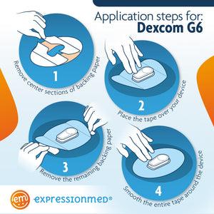 Application instructions how to apply Dexcom g6 regular prep skin with soap and water allow time to dry remove section A center section, lay hole over the device peel of both section b outer sections to remove hold an edge and stretch material off of skin