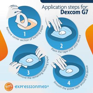 ExpressionMed Application Instructions. 1. Prep skin with soap and water. 2. Remove Middle Section and lay center hole over device. 3. Peel off both end sections and smooth down on skin. To remove, hold an edge and stretch material off skin.