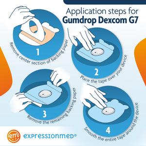 ExpressionMed Application Instructions. 1. Prep skin with soap and water. 2. Remove Middle Section and lay center hole over device. 3. Peel off both end sections and smooth down on skin. To remove, hold an edge and stretch material off skin.