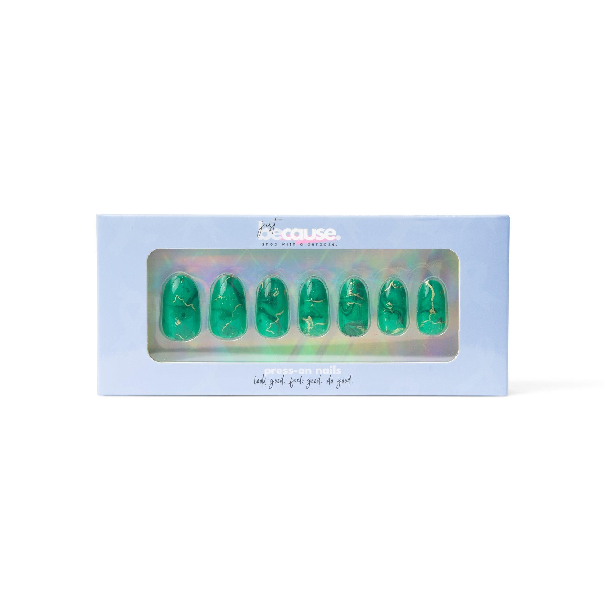 ExpressionMed Just BeCause 24 Pcs ABS Press on nails Medium, Green & Gold Marble Fake Nails, Support T1D - ExpressionMed.com