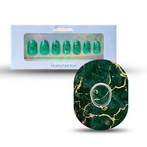 ExpressionMed Just BeCause 24 Pcs ABS Press on nails Medium, Green & Gold Marble Fake Nails set with matching Green & Gold Marble Dexcom G7 Fixing Ring and Center Sticker, Support T1D - ExpressionMed.com	