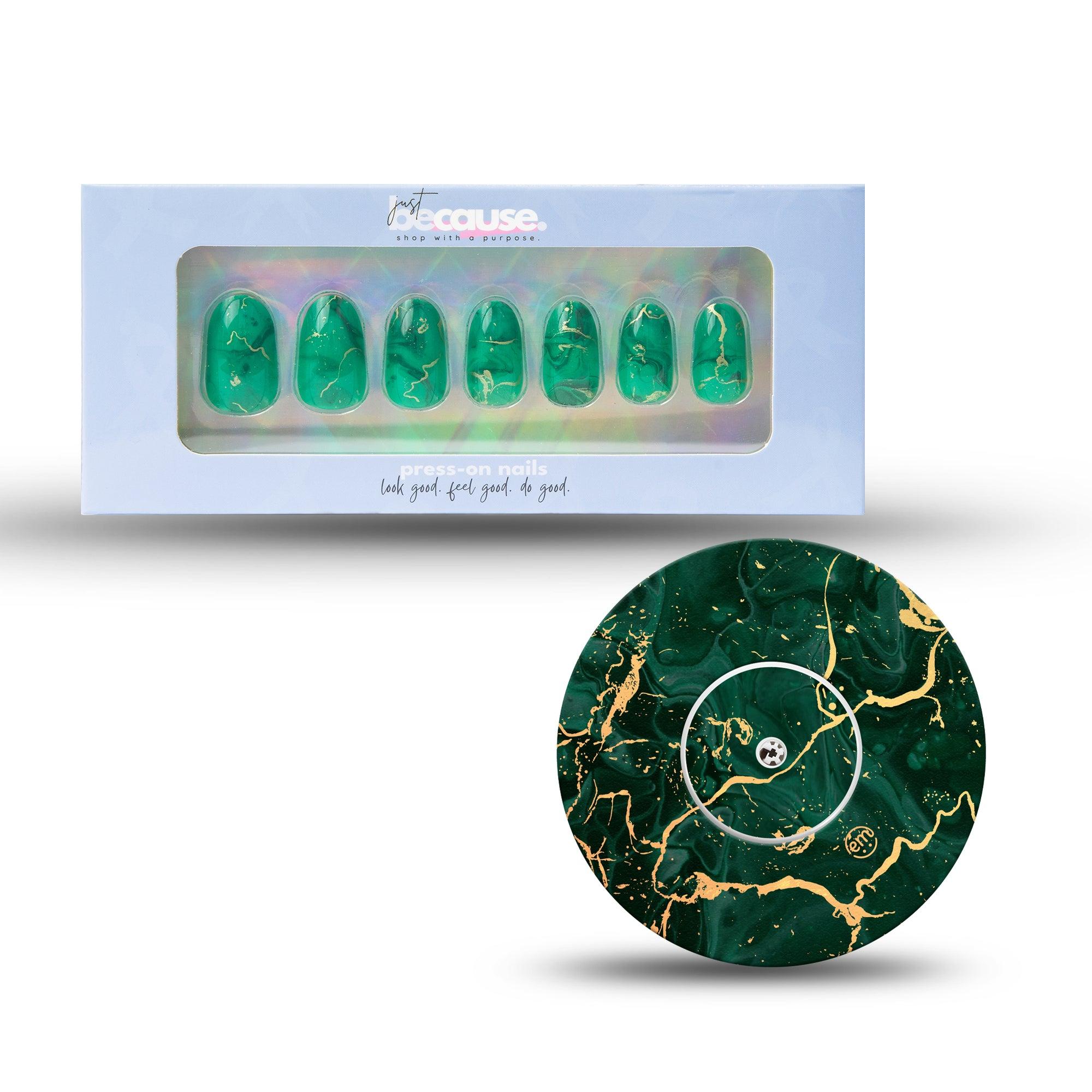 ExpressionMed Just BeCause 24 Pcs ABS Press on nails Medium, Green & Gold Marble Fake Nails set with matching Green & Gold Marble Libre 2 Adhesive Tape and Center Sticker, Support T1D - ExpressionMed.com	