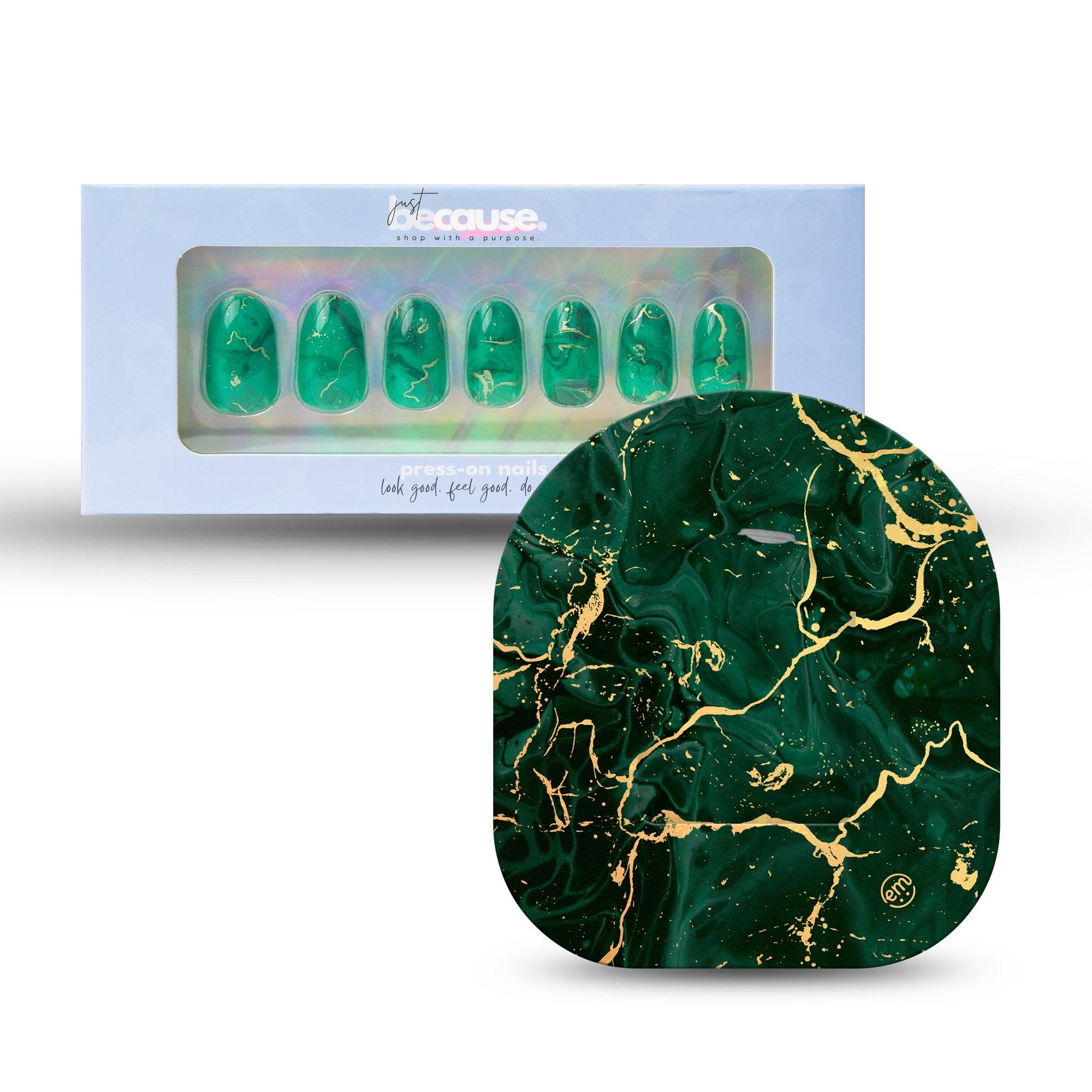 ExpressionMed Just BeCause 24 Pcs ABS Press on nails Medium, Green & Gold Marble Fake Nails set with matching Green & Gold Marble Omnipod Overlay Adhesive Tape and Center Sticker, Support T1D - ExpressionMed.com	