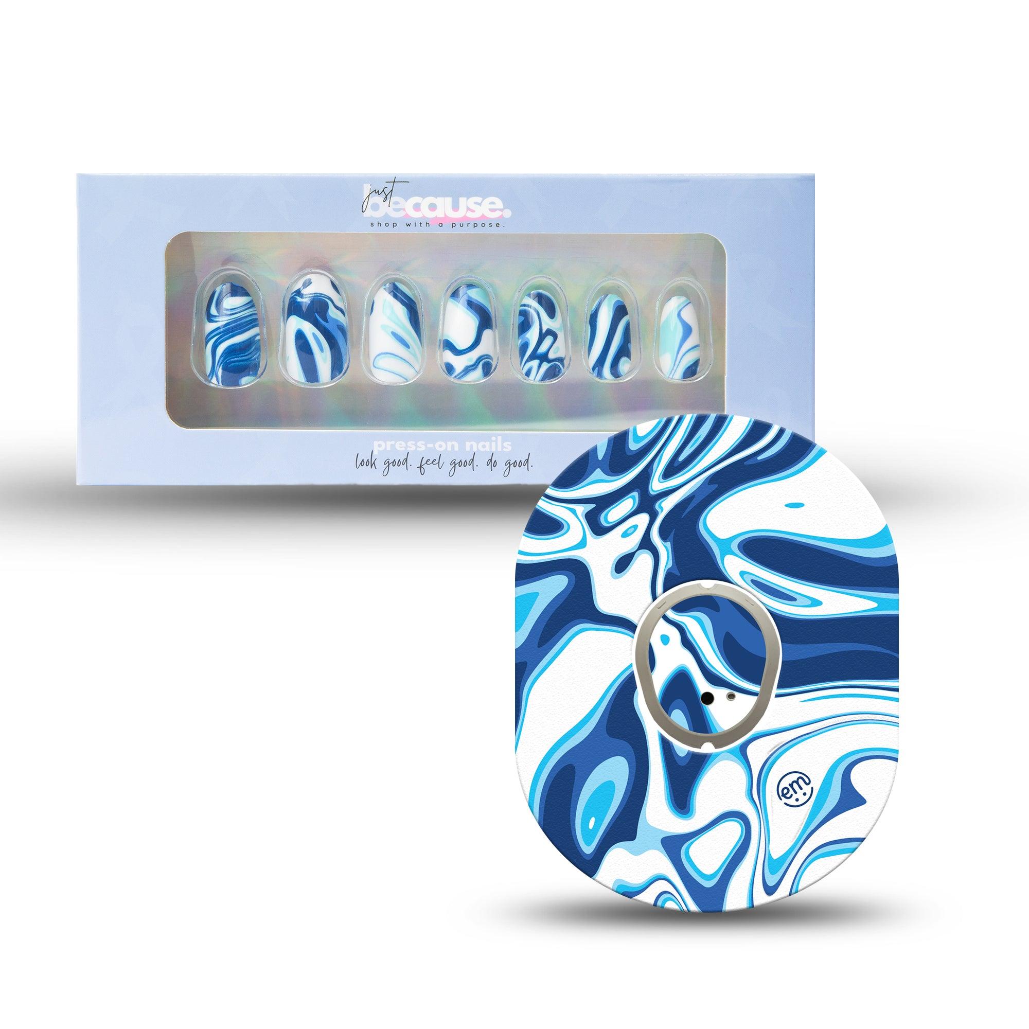 Just BeCause 24 Pcs ABS Press on nails Medium, Blue and white marble Fake Nails set with matching Blue and white marble Dexcom G7 Fixing Ring and Center Sticker, Support T1D - ExpressionMed.com	