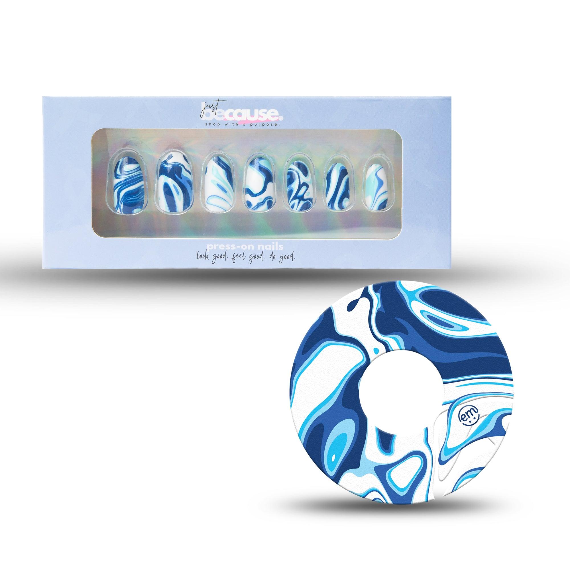 Just BeCause 24 Pcs ABS Press on nails Medium, Blue and white marble Fake Nails set with matching Blue and white marble Infusion Set Fixing Ring, Support T1D - ExpressionMed.com	