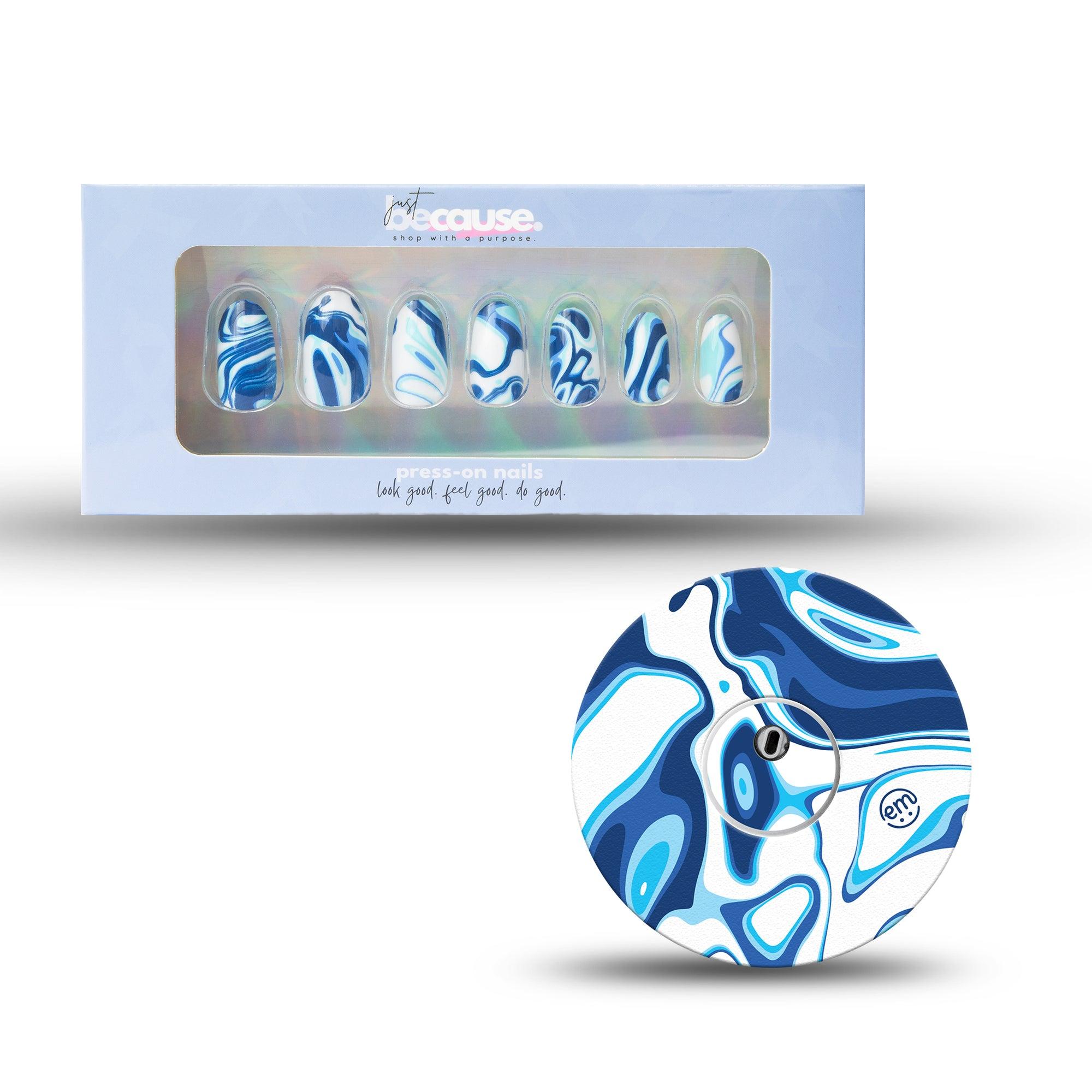 Just BeCause 24 Pcs ABS Press on nails Medium, Blue and white marble Fake Nails set with matching Blue and white marble Libre 3 Overlay Patch and Center Sticker, Support T1D - ExpressionMed.com	