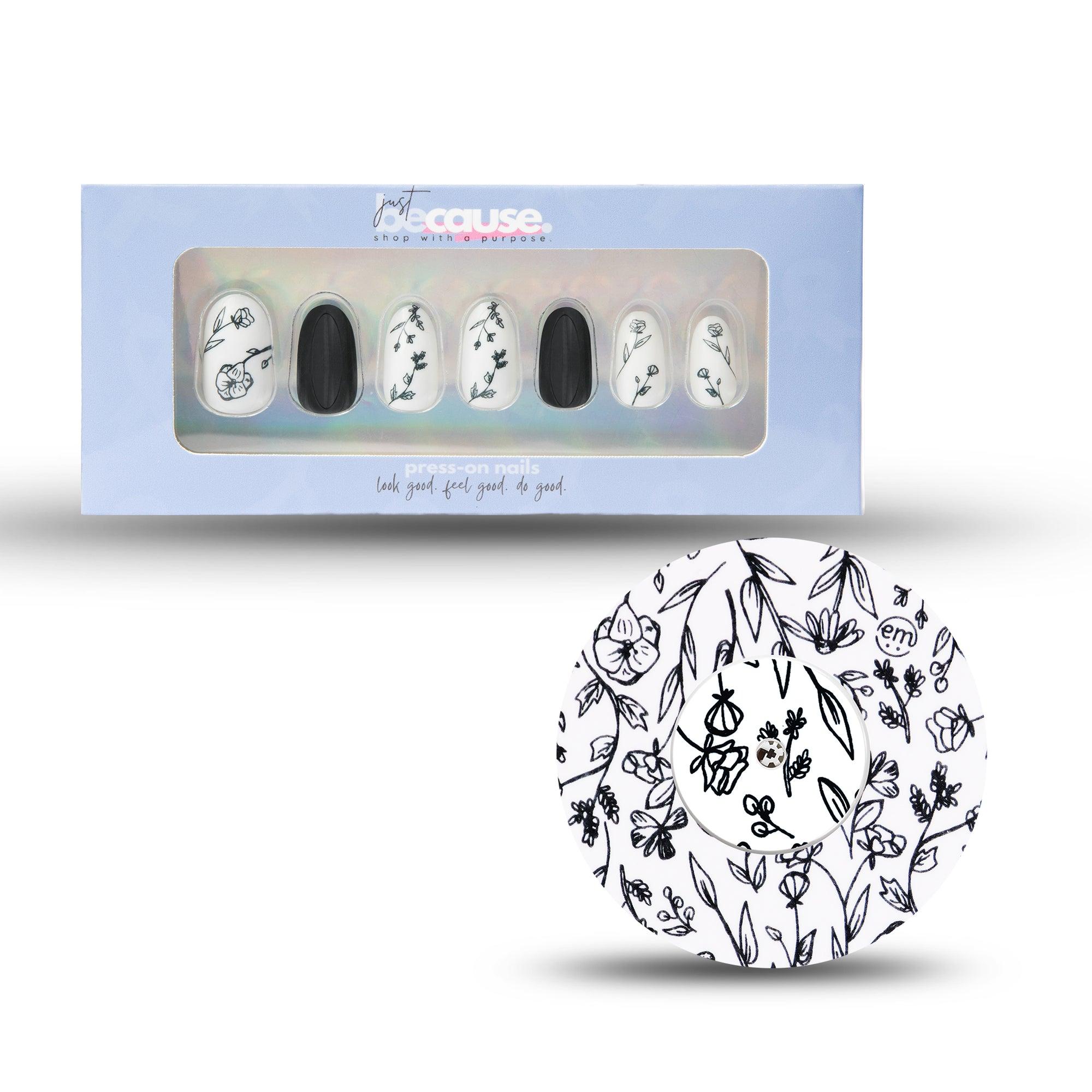 Just BeCause 24 Pcs ABS Press on nails Medium, Black & white floral Fake Nails set with matching Black & white floral Libre 2 Adhesive Tape and Center Sticker, Support T1D - ExpressionMed.com	